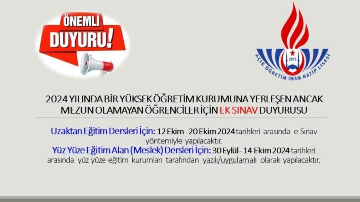 2024 YILINDA YÜKSEKÖĞRETİM KURUMLARINA YERLEŞEN ÖĞRENCİLER İÇİN EK SINAV DUYURUSU